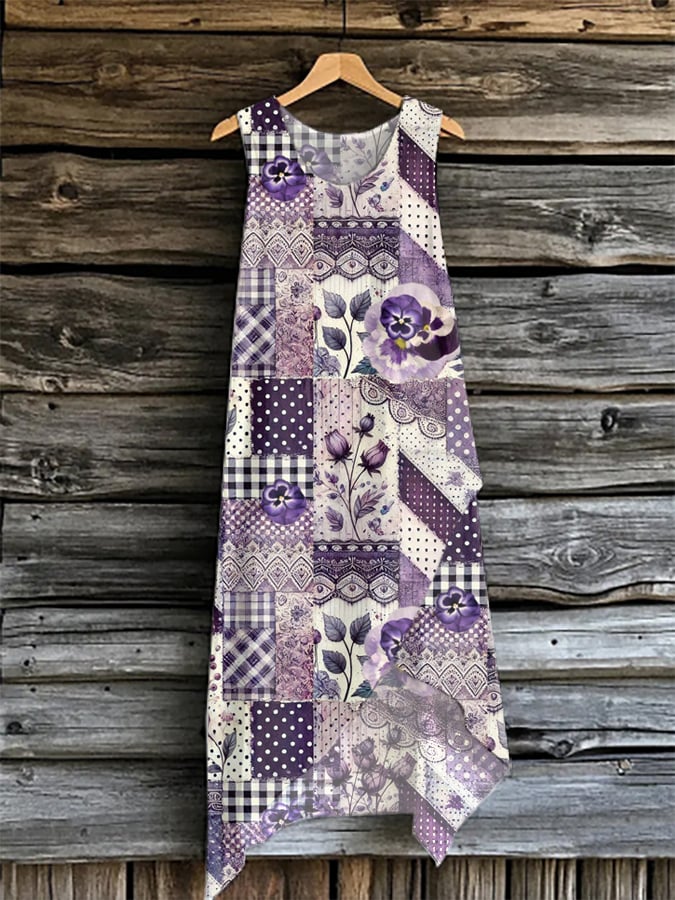 Women's Purple Retro Floral Geometric Mixed Print Irregular Hem Sleeveless Dress