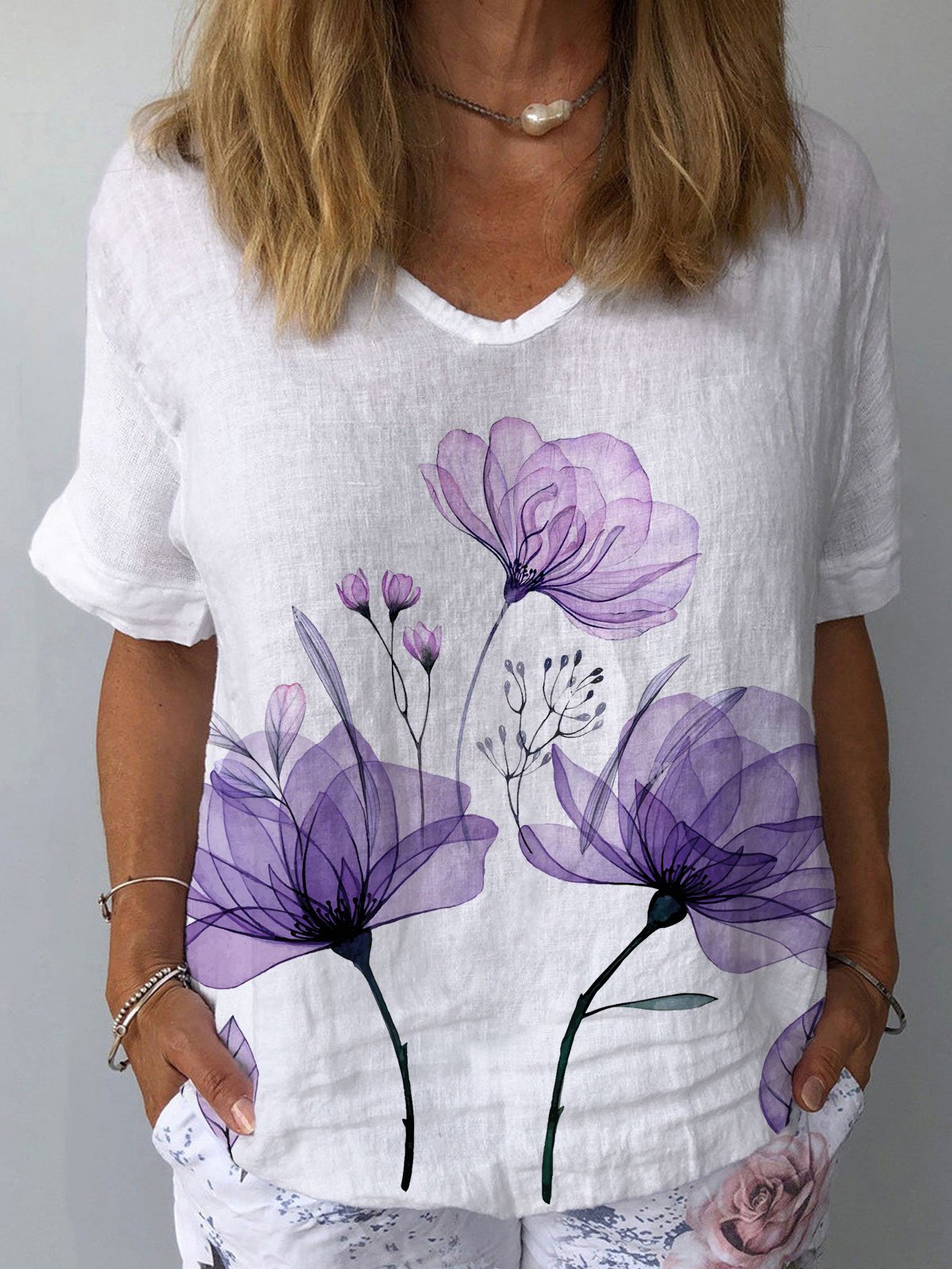 Women's Alzheimer's Purple Floral Print V-Neck Top