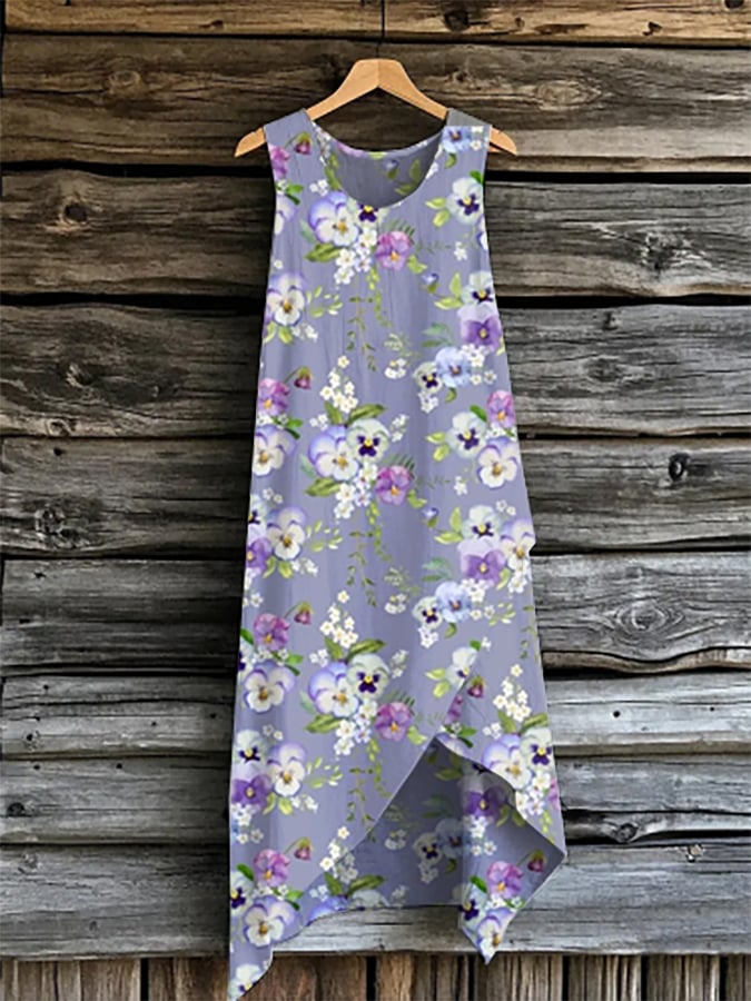 Women's Purple Vintage Floral Print Irregular Hem Sleeveless Dress