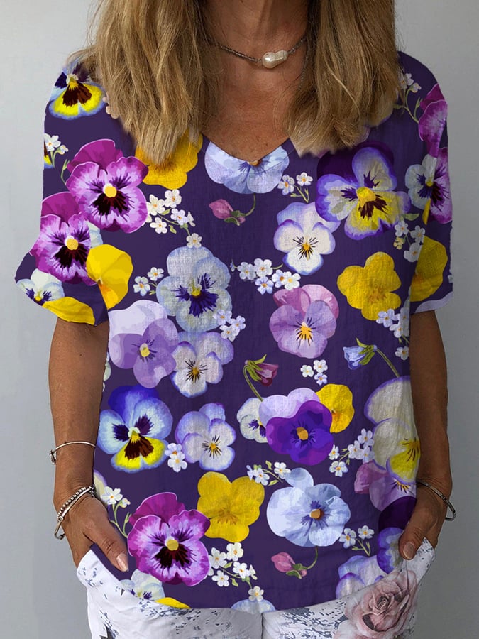 Women's Alzheimer's Floral Print Casual V-Neck Cotton And Linen Top