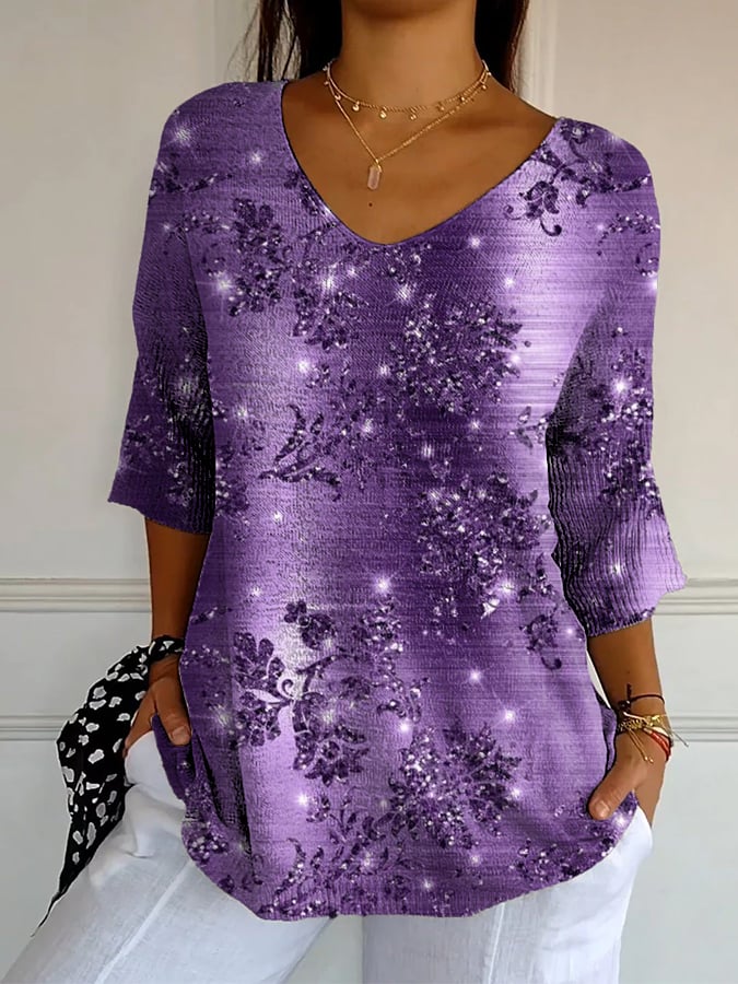 Women's Alzheimer's Purple Floral Print Mid Sleeve T-Shirt