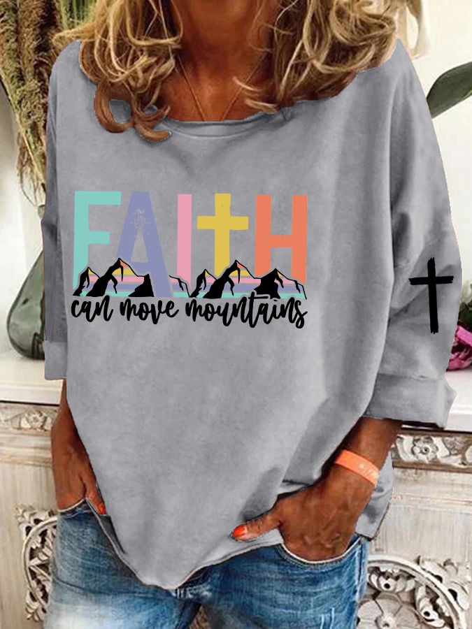 Women's Faith Can Move Mountains  Cross  Print T-Shirt