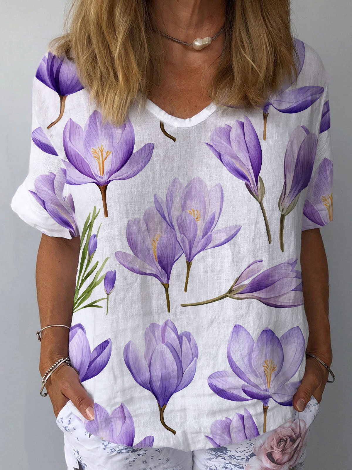 Women's Alzheimer's Awareness Floral Cotton and Linen T-Shirt