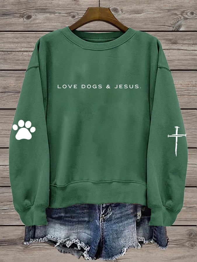 Women's Love Dog and Jesus Print Round Neck Sweatshirt