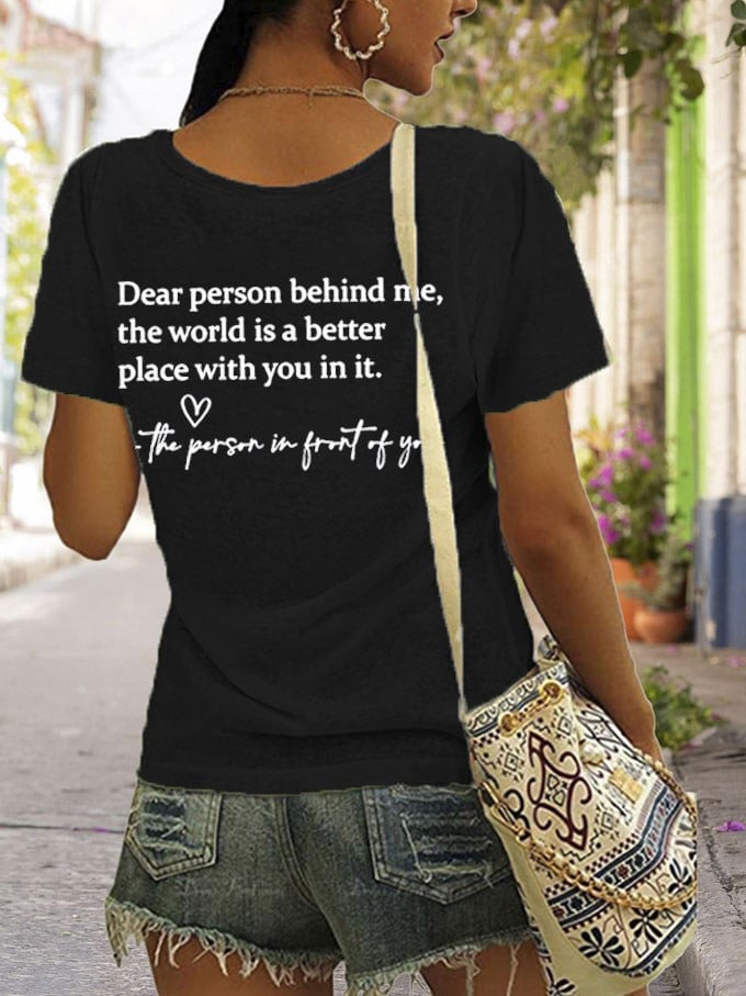 Women's Faith Dear Person Behind Me Cross Print V Neck T-Shirt
