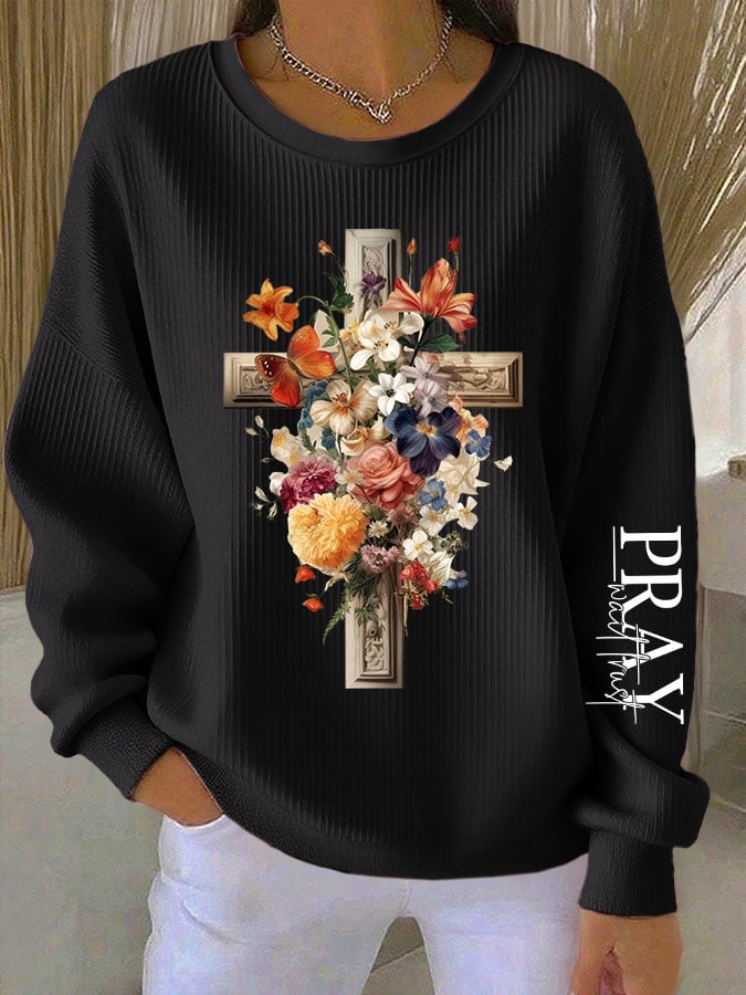 Women's Faith Cross Pray Wait Trust Printed Crew Neck Long Sleeve Top