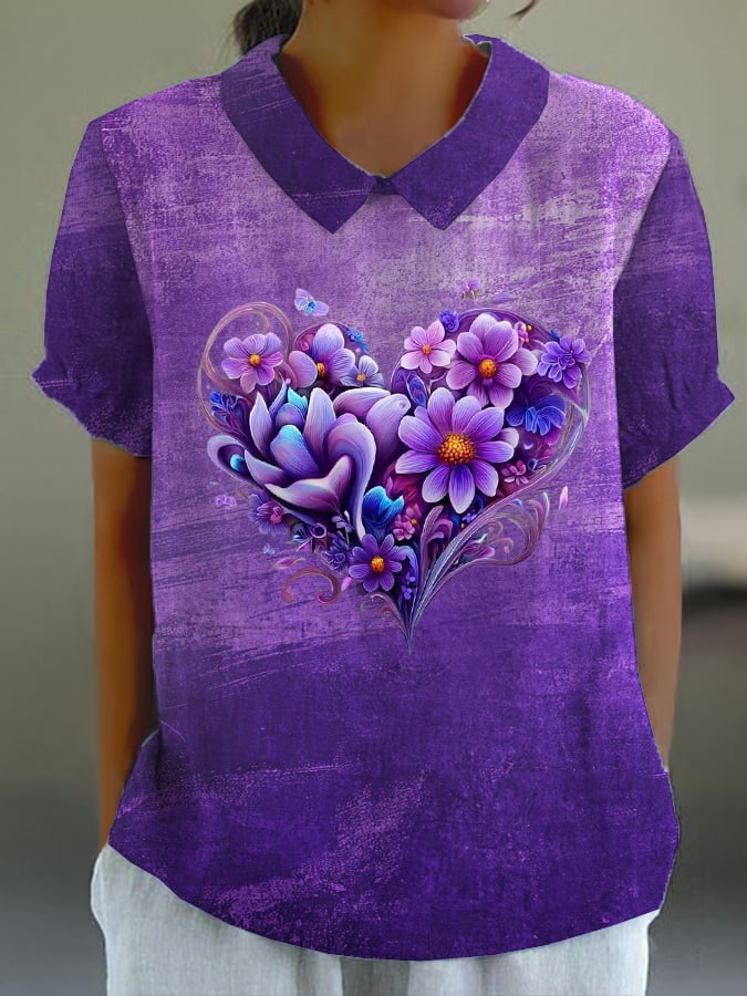 Women's Purple Heart Floral Print Casual Lapel T-shirt