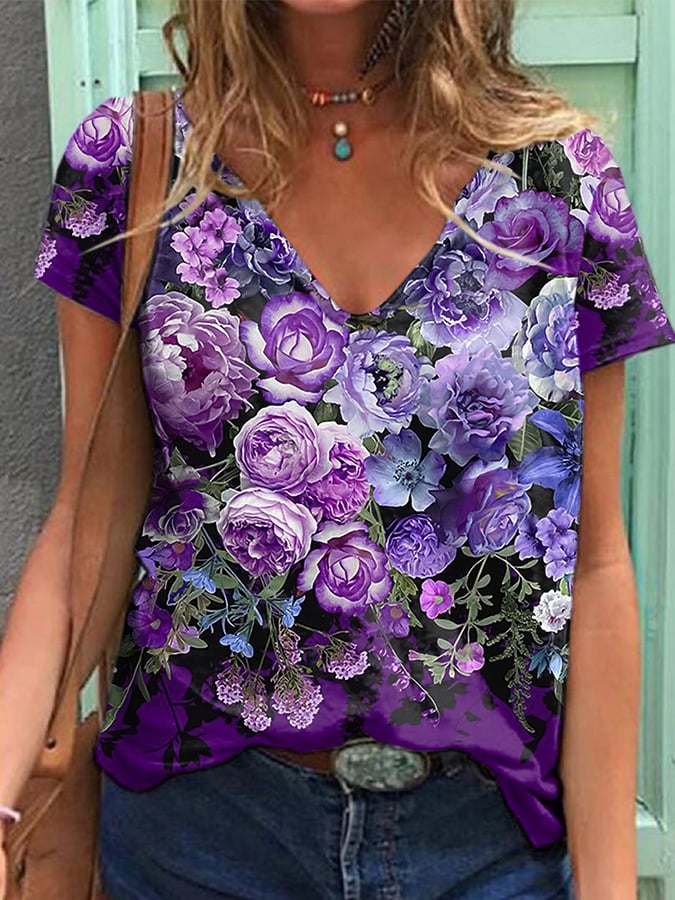 Women's Alzheimer'S Disease Awareness Flower Print T-shirt