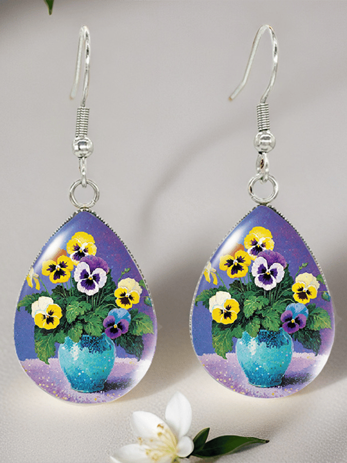 Purple Drop-Shaped Pansy Flower Design Earrings