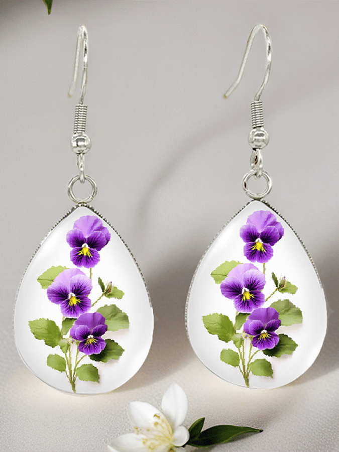 Purple Drop-Shaped Pansy Flower Design Earrings