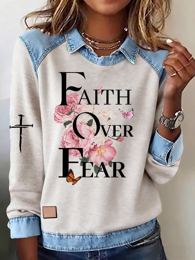 Women's Casual Faith Print Lapel Long Sleeve Top