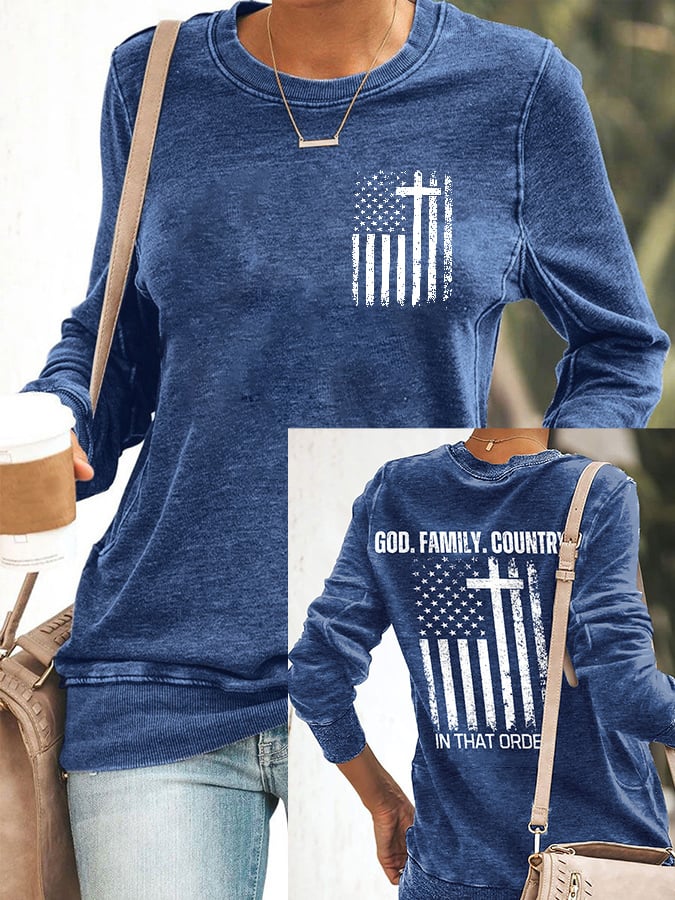 Women's God Family Country In That Order Print Round Neck Sweatshirt