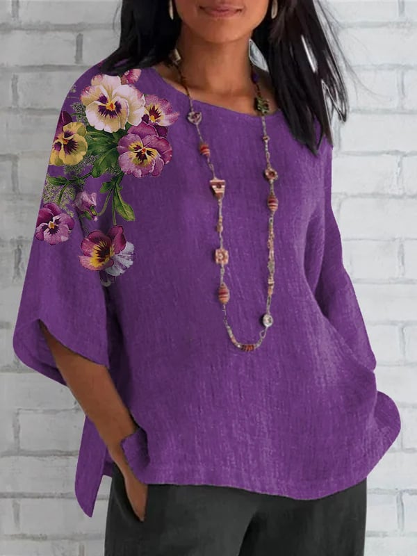 Women's Round Neck Purple Floral Print Round Neck Loose Shirt