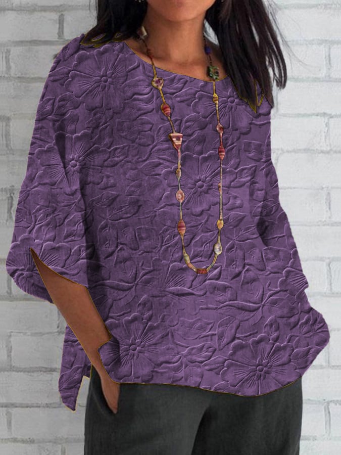 Women's Purple Art Floral Cotton And Linen Top