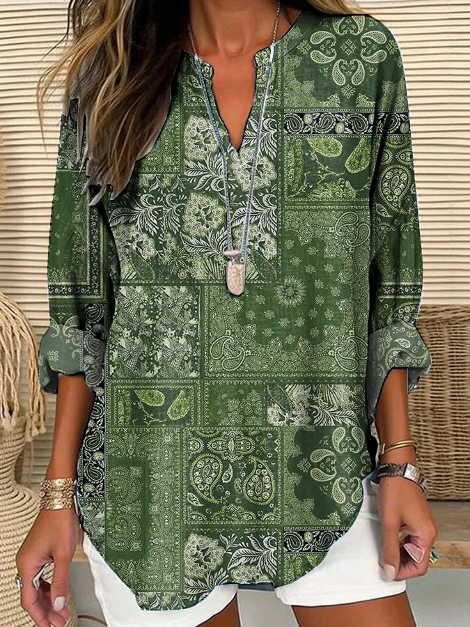 Women's Purple Patchwork Art Cotton And Linen Shirt
