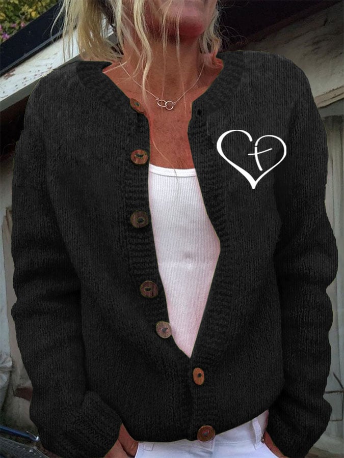 Women's Christian Heart Cross Print Cozy Knit Cardigan
