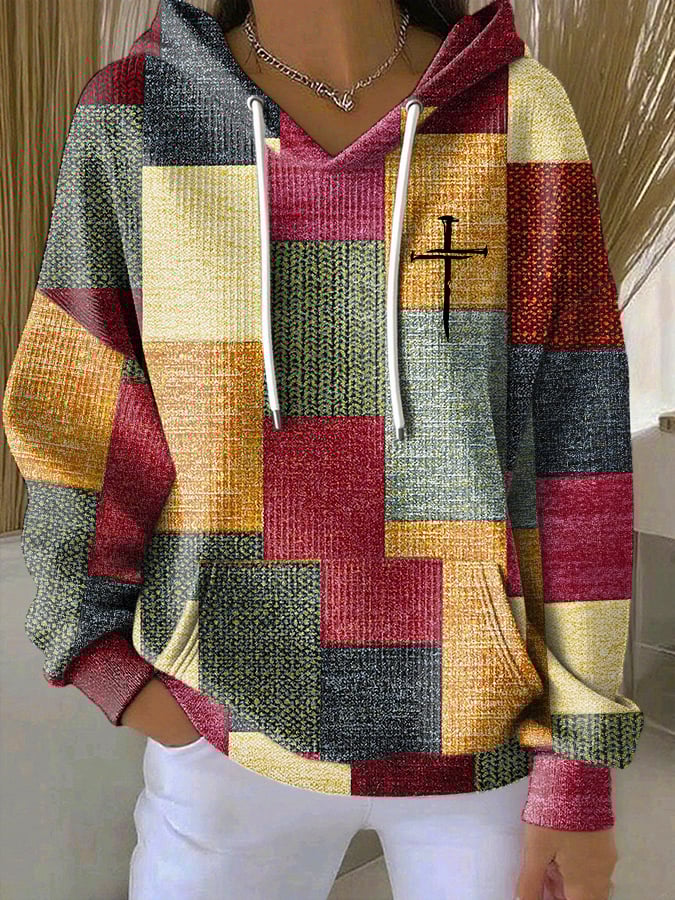 Women's Casual Retro Contrast Color Block Faith Hoodie