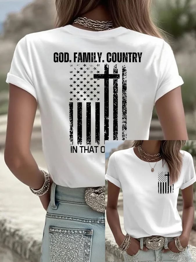 Women's God Family Country In That Order Print Round Neck T-shirt