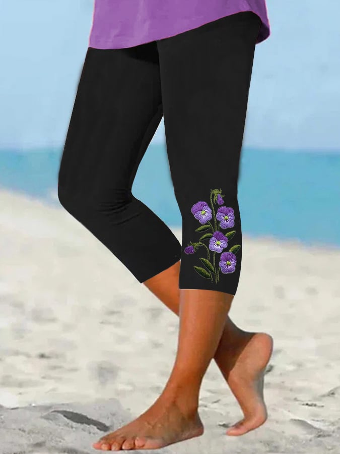 Women's Purple Flower Alzheimer's Awareness Support Cropped Leggings
