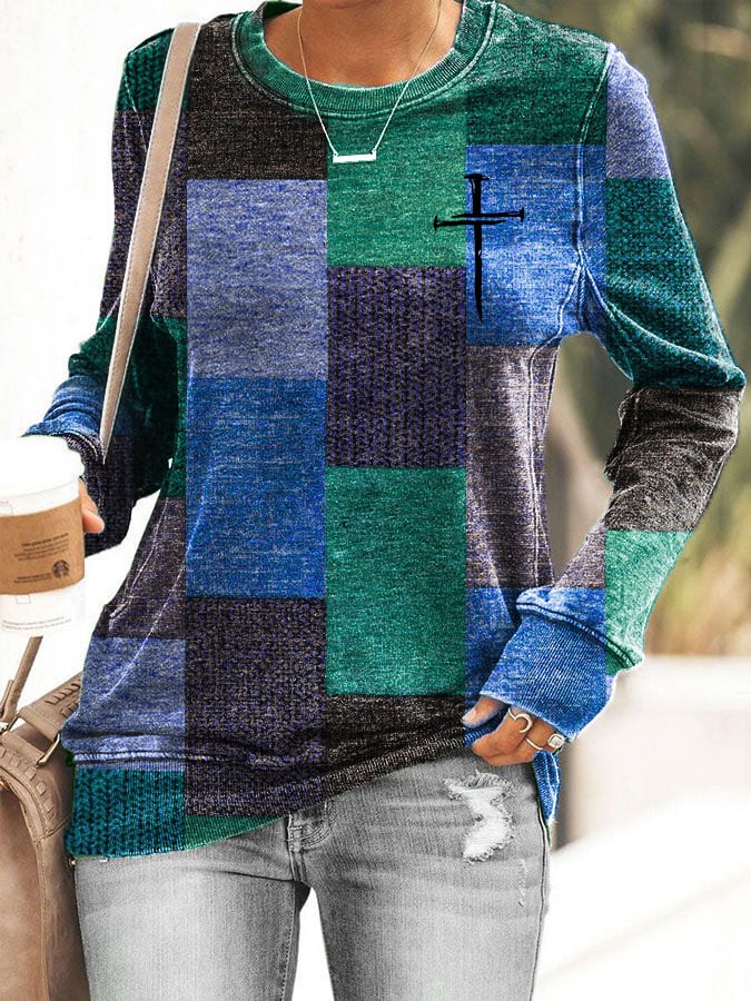 Women's Casual Autumn And Winter Retro Color Block Contrast Faith Sweatshirt