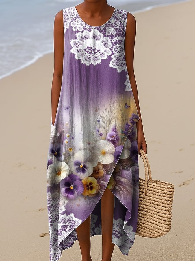 Women's Purple Vintage Floral Print Irregular Hem Sleeveless Dress