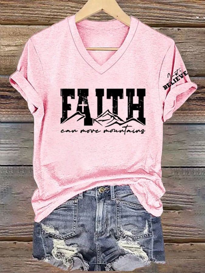 Women's Faith Can Move Mountains   Printed V-Neck Tee