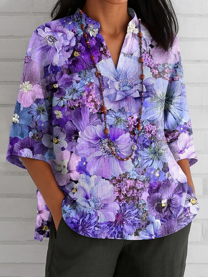 Women's Alzheimer's Disease Awareness Printed Stand Collar Half Sleeve Shirt