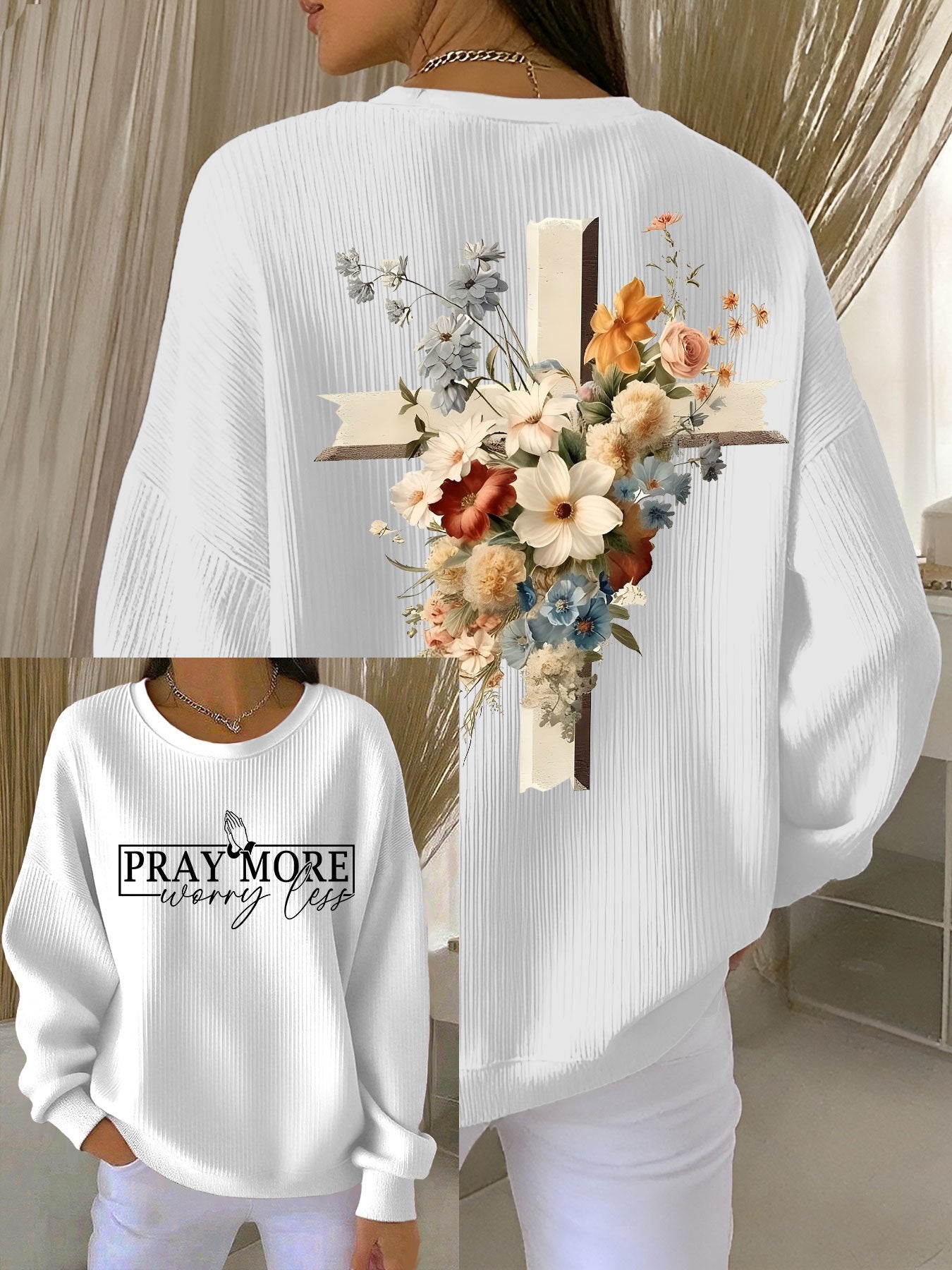 Women's PRAY MORE worry less Printed Crew Neck Long Sleeve Top