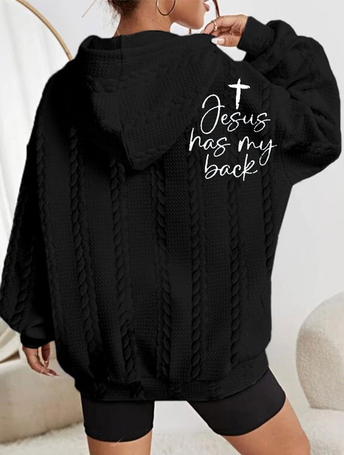 Women's Faith Jesus Has My Back Printed Casual Cable Hoodie