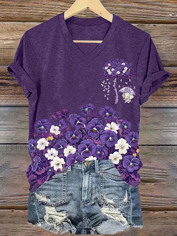 Women'S Alzheimer's Disease Awareness Floral  Printed Casual T-Shirt