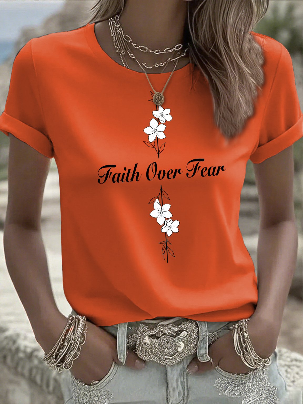 Women's Casual Faith Overcomes Fear Cross T-Shirt