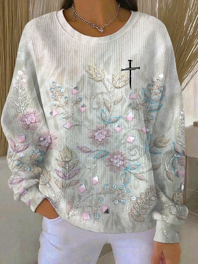Women's Faith Print Knitted Crew Neck Long Sleeve Top