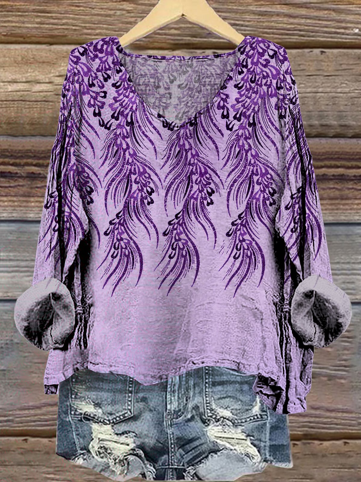 Women's Retro Purple Floral Print Top