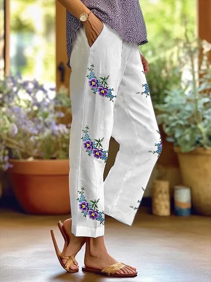 Women's Purple Flower Print Alzheimer's Awareness Support Casual Pants