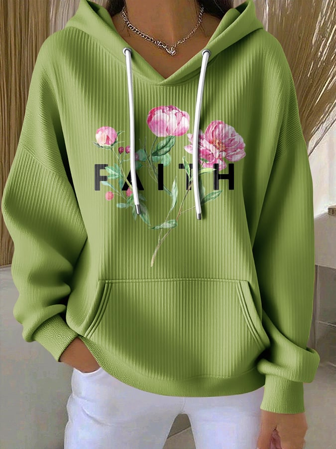 Women's Casual Floral Faith Textured Hoodie