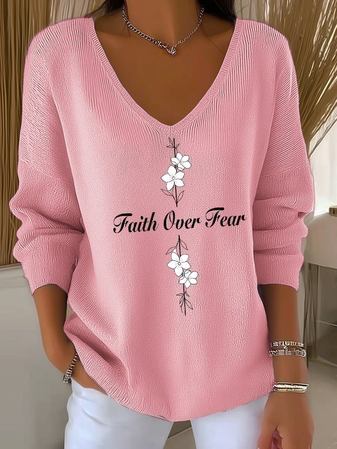Women's Casual Faith Overcomes Fear Cross Knitted V-Neck Top