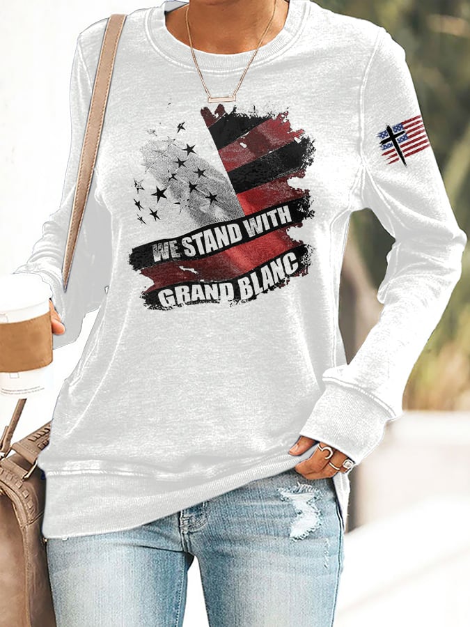 Retro We Stand With Grand Blanc Faith Cross Print Sweatshirt