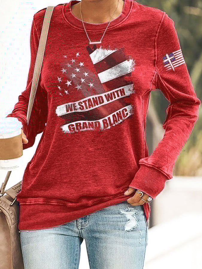 Retro We Stand With Grand Blanc Faith Cross Print Sweatshirt