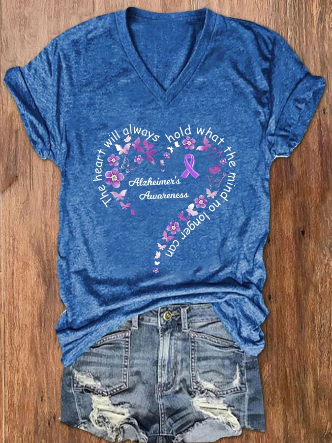 Women The Heart Will Always Hold What the Mind Can No Longer Printed V-Neck T-Shirt