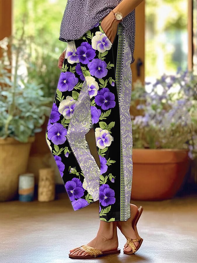 Women's Pastoral Retro Purple Floral Printed Pants