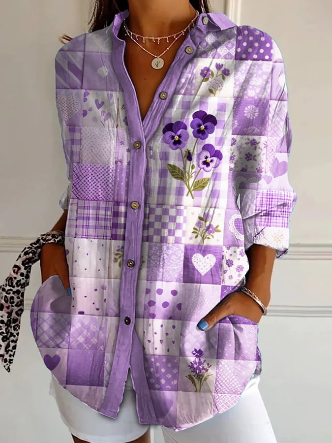 Women's Purple Floral Patchwork Art Print Lapel Shirt