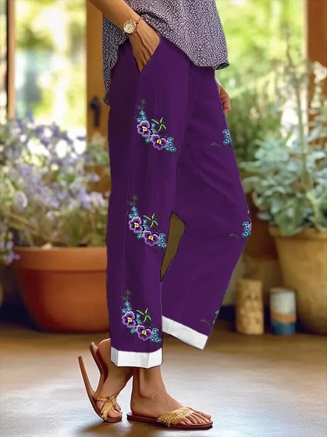 Women's Purple Flower Print Alzheimer's Awareness Support Casual Pants