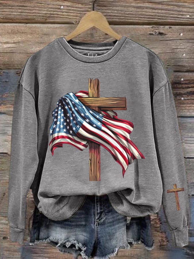 Women's American Flag Cross Patriotic Crew Neck Top