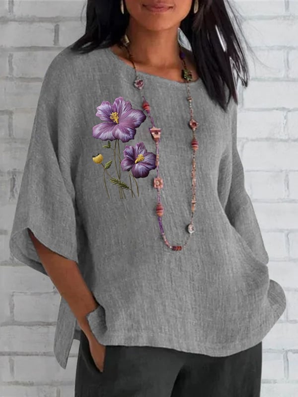Women's Round Neck Purple Floral Print Round Neck Loose Shirt