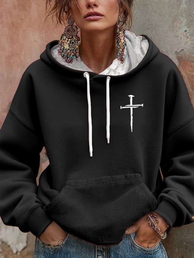 Women's Retro Faith Cross Print Casual Hooded Sweatshirt