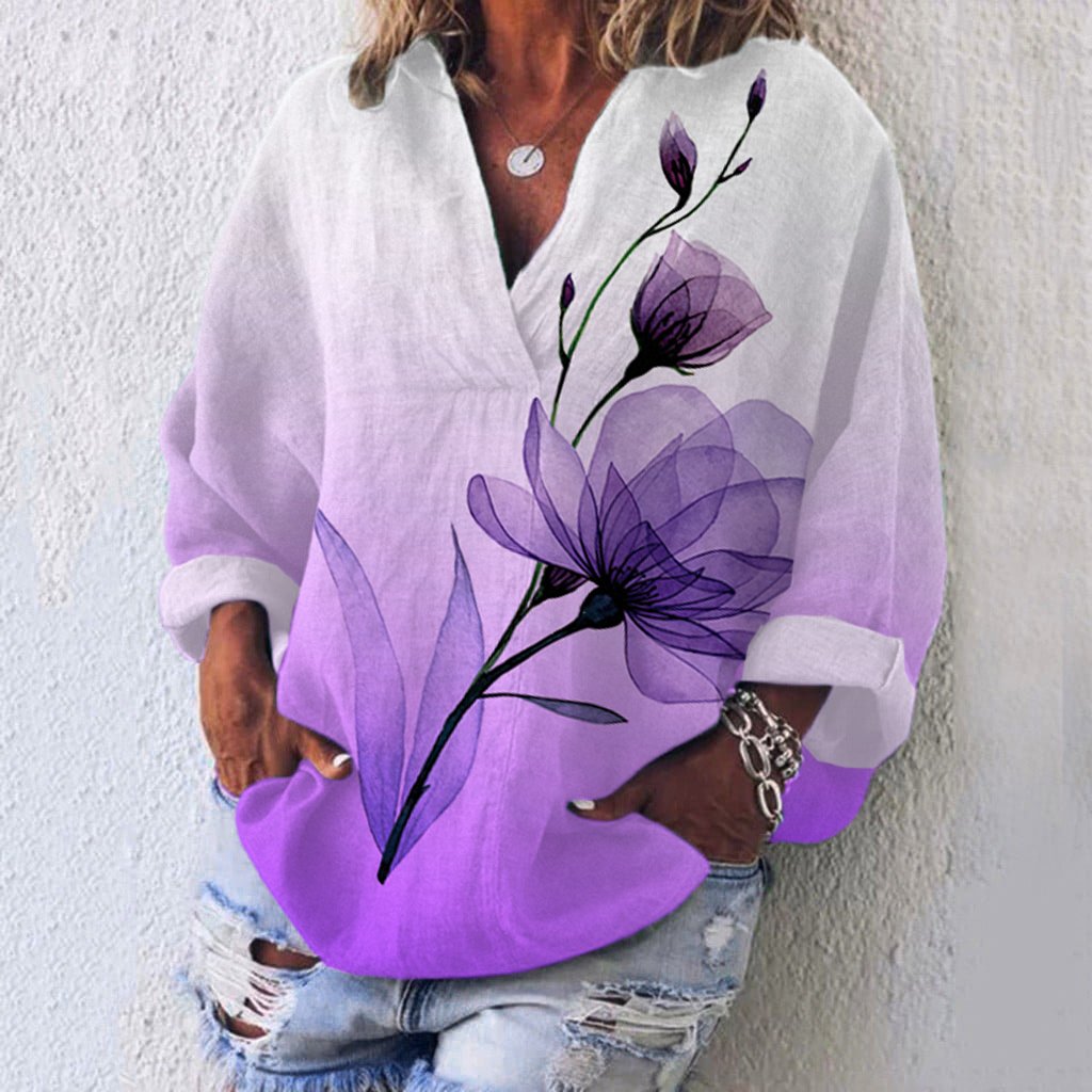 Women's Purple Floral  Dementia Alzheimer's Disease Awareness Cotton and Linen Casual Loose Top