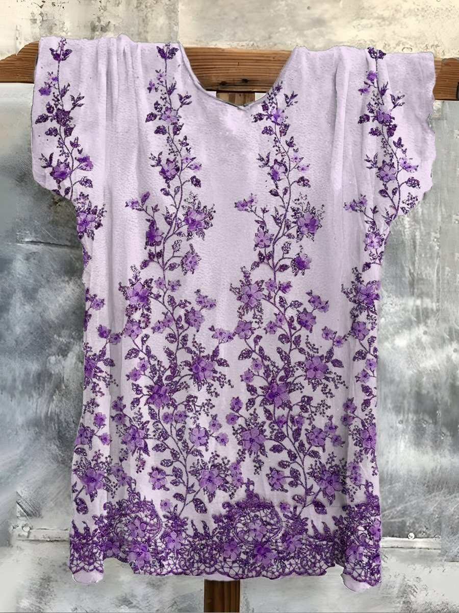 Women's Retro Purple Floral Print T-Shirt