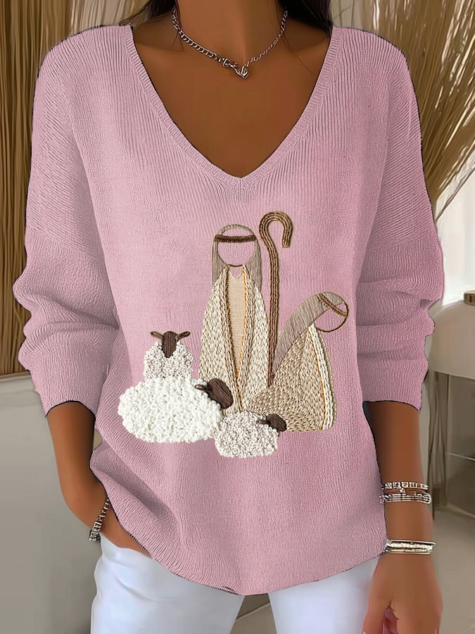 Women's Nativity Print V Neck Sweater