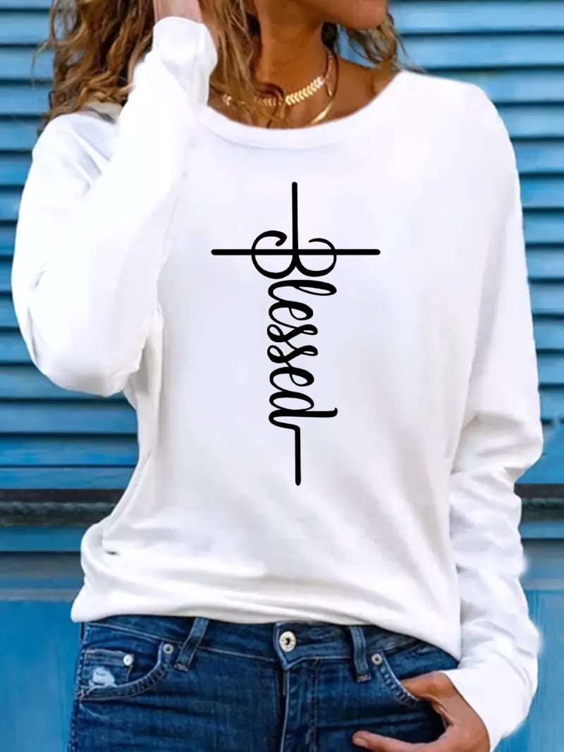 Women's Blessed Cross Jesus Printed Long Sleeve T-Shirt