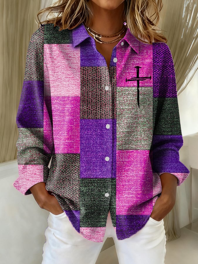 Women's Casual Autumn And Winter Retro Color Block Contrast Faith Shirt